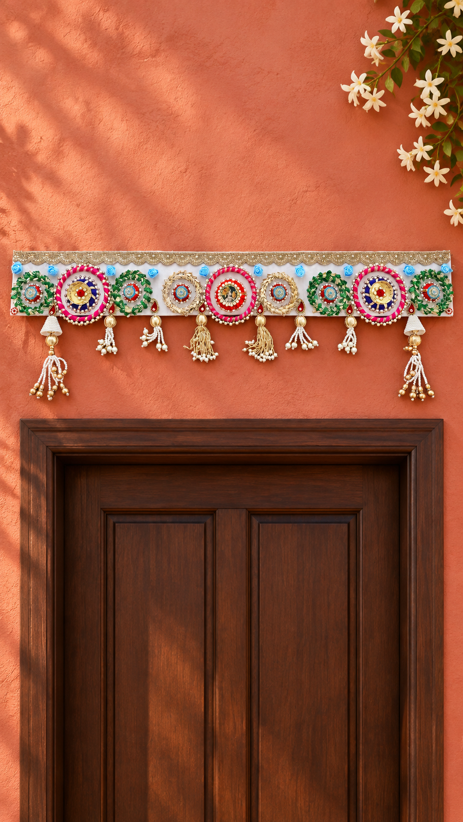 Jewel Garden Toran – Handmade Pink & Green Diwali Door Hanging, 36 × 5 in