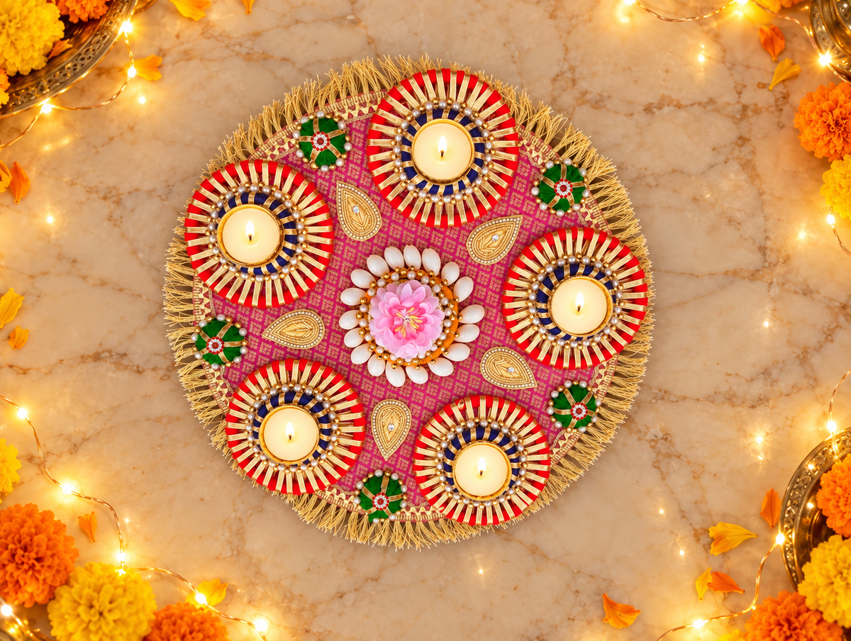 Rose Paisley Rangoli – Handmade Five-Light Diwali Centerpiece, 14 in