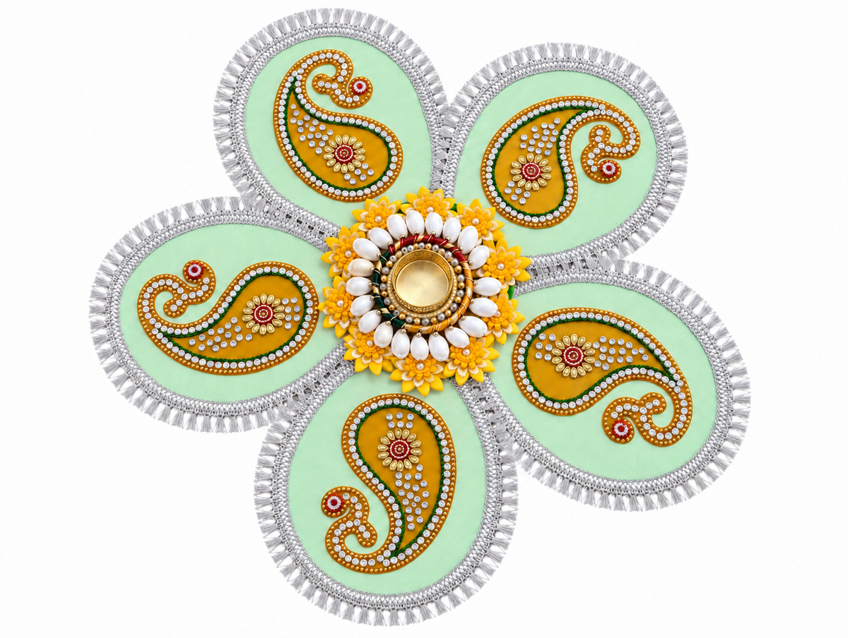 Light Green Paisley Rangoli – Handmade Five-Petal Diwali Tealight Decor, 19 in