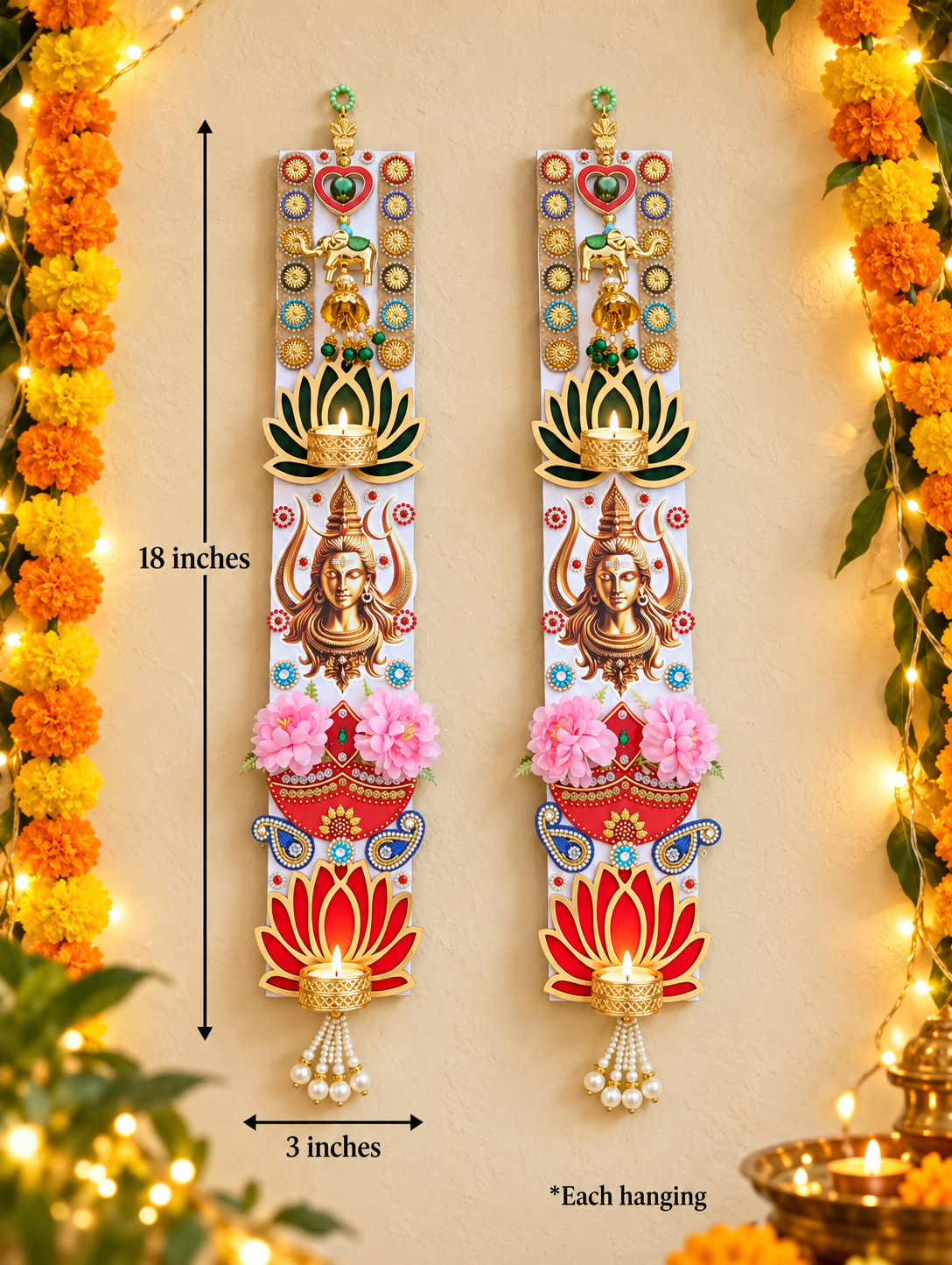 Lord Shiva Wall Hanging Pair – Handmade Lotus Diwali Decor, 3 × 18 in Each