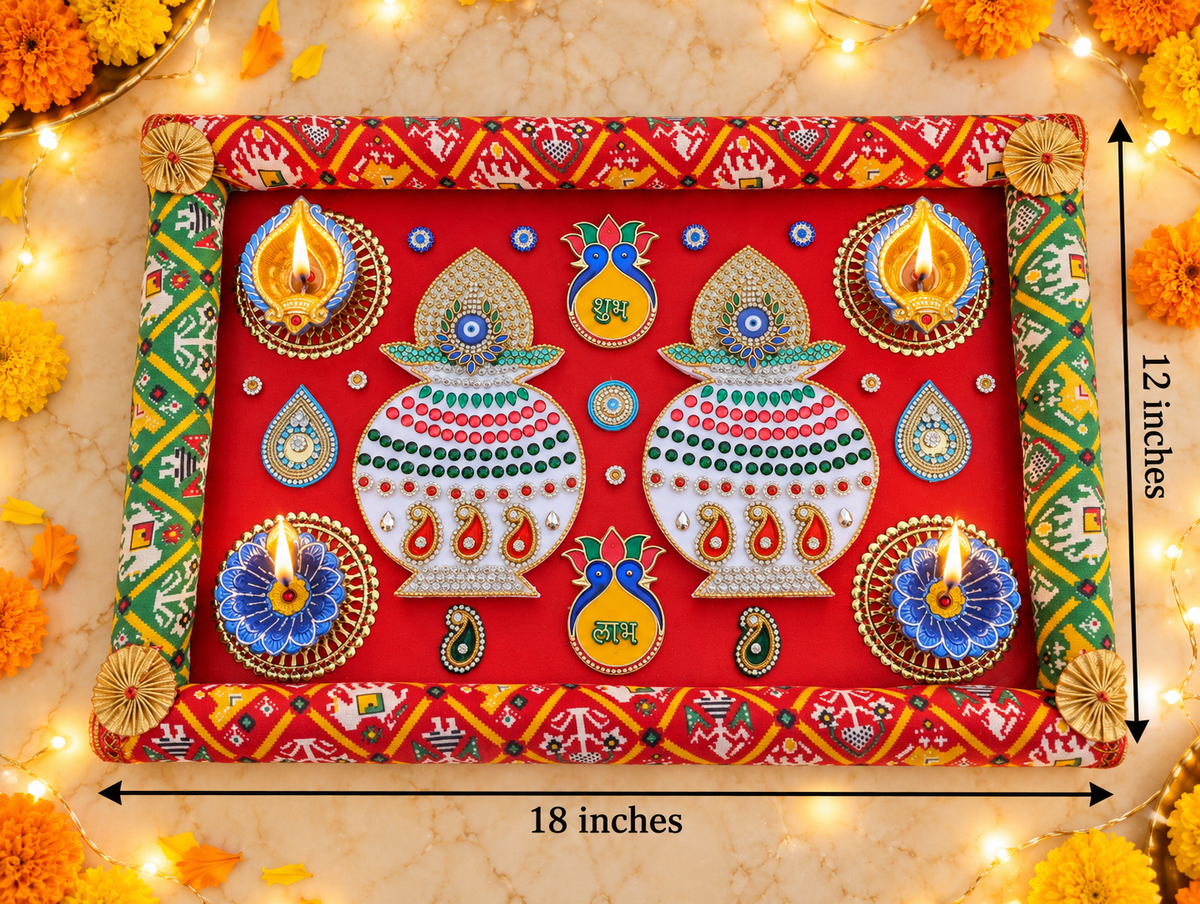 Red Kalash Rangoli – Handmade Diwali Diya Decor, 18 × 12 in