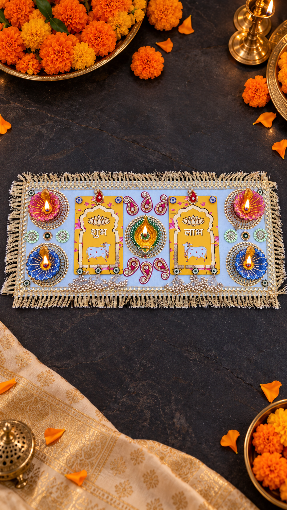 Shubh Labh Cow Rangoli – Handmade Diwali Diya Decor, 23 × 9 in